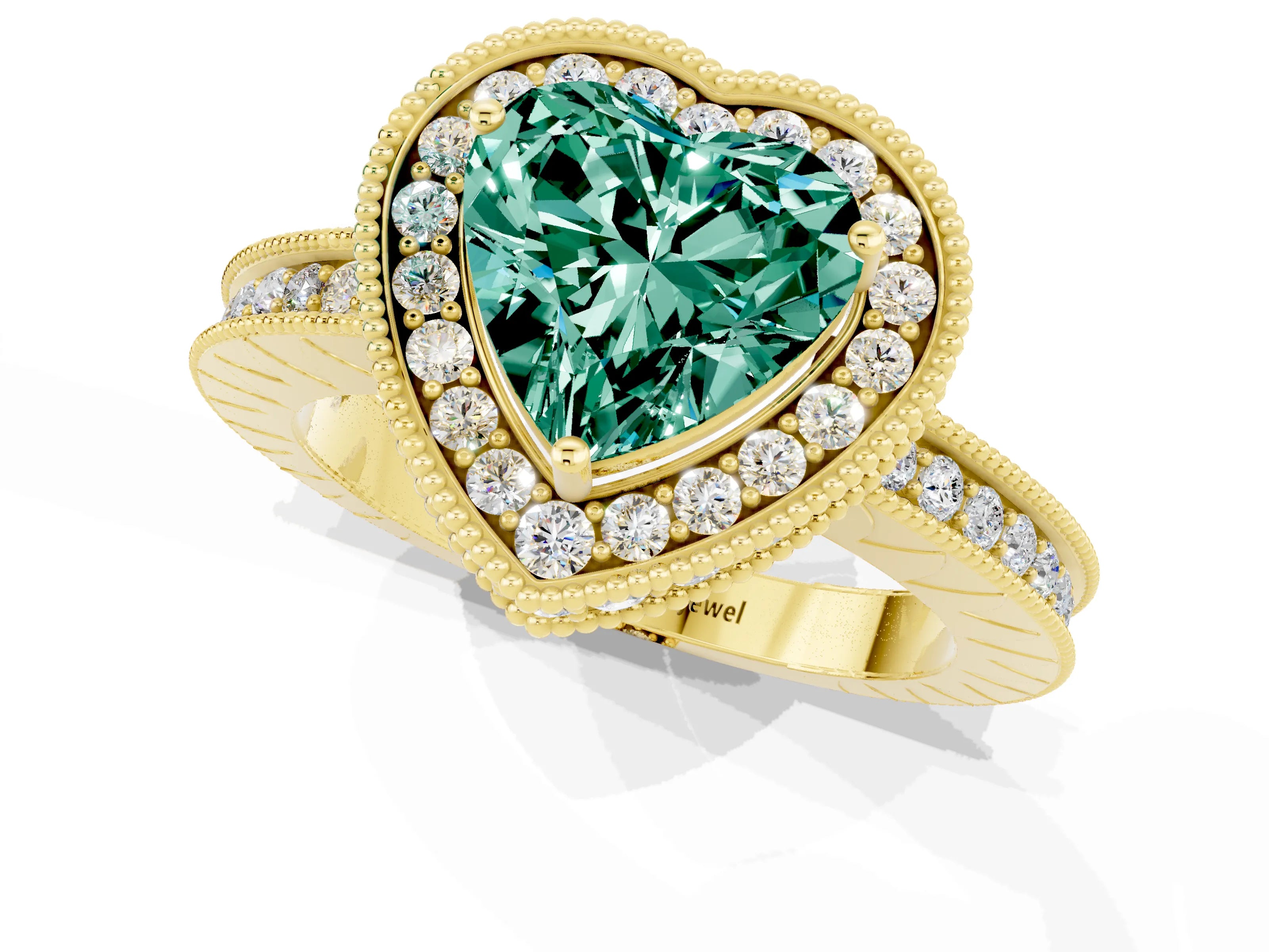 Yellow gold Heart Cut Halo Diamond Engagement Ring with Milgrain Pave Band and Four-Prong Setting_1
