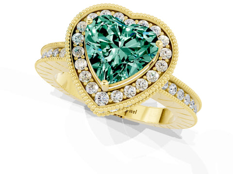 Yellow gold Heart Cut Halo Diamond Engagement Ring with Milgrain Pave Band and Four-Prong Setting_1
