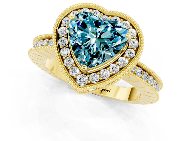 Yellow gold Heart Cut Halo Diamond Engagement Ring with Milgrain Pave Band and Four-Prong Setting