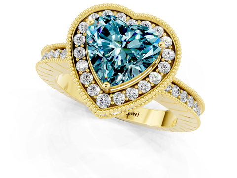 Yellow gold Heart Cut Halo Diamond Engagement Ring with Milgrain Pave Band and Four-Prong Setting_1