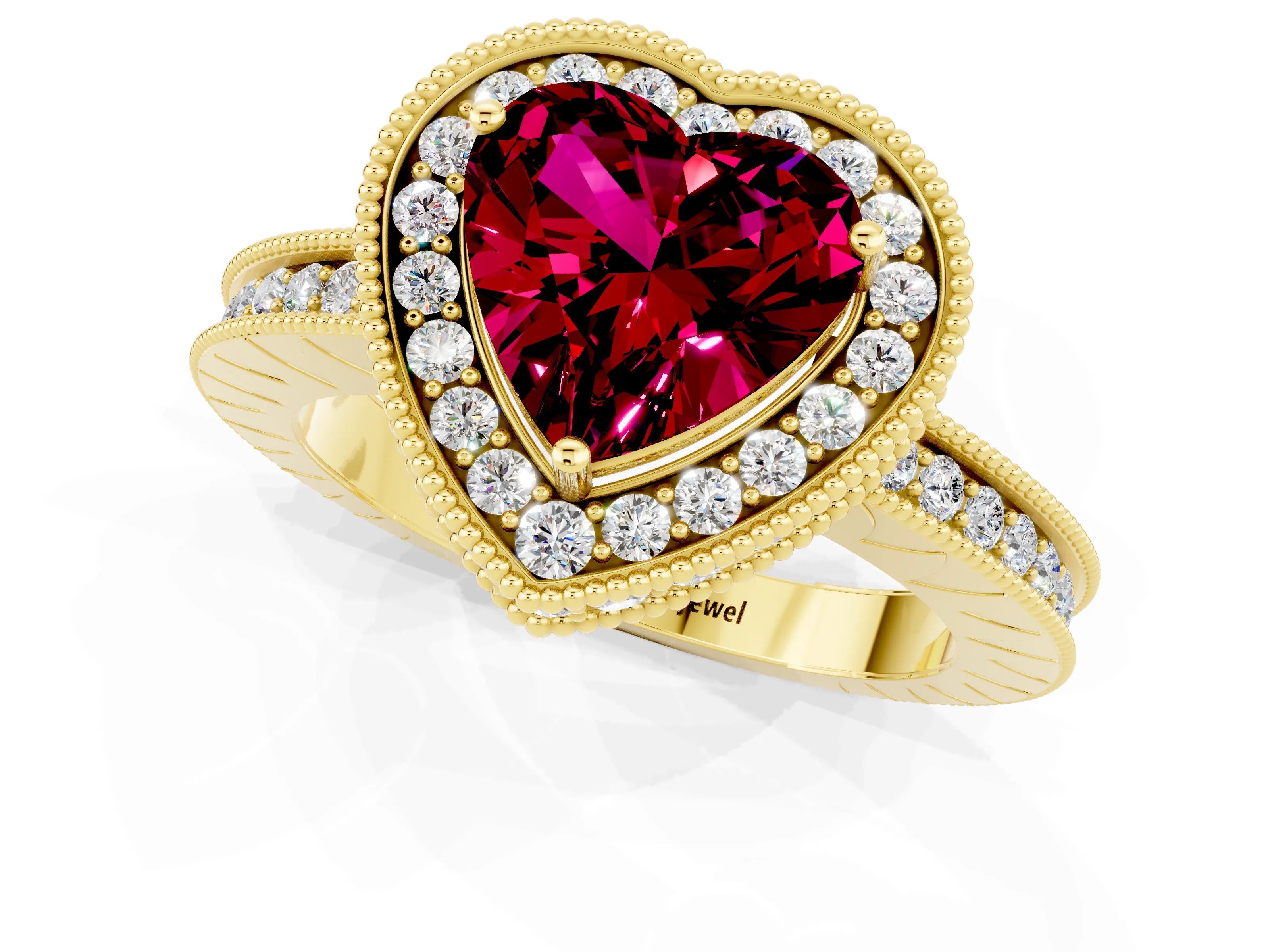 Yellow gold Heart Cut Halo Diamond Engagement Ring with Milgrain Pave Band and Four-Prong Setting_1
