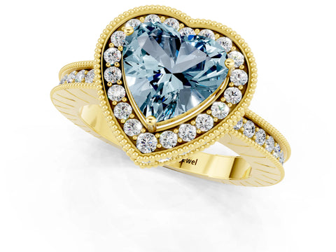 Yellow gold Heart Cut Halo Diamond Engagement Ring with Milgrain Pave Band and Four-Prong Setting_1