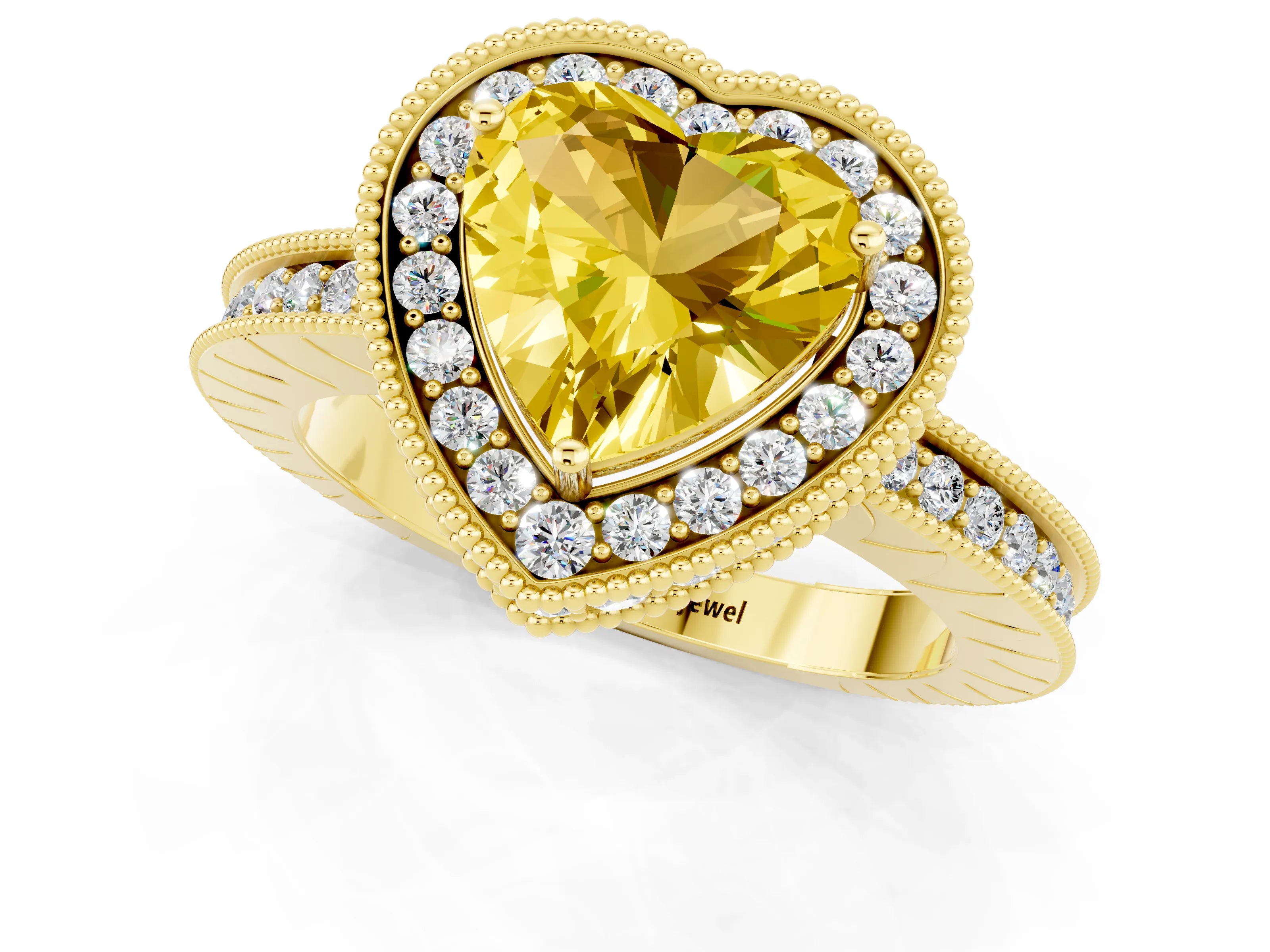 Yellow gold Heart Cut Halo Diamond Engagement Ring with Milgrain Pave Band and Four-Prong Setting_1