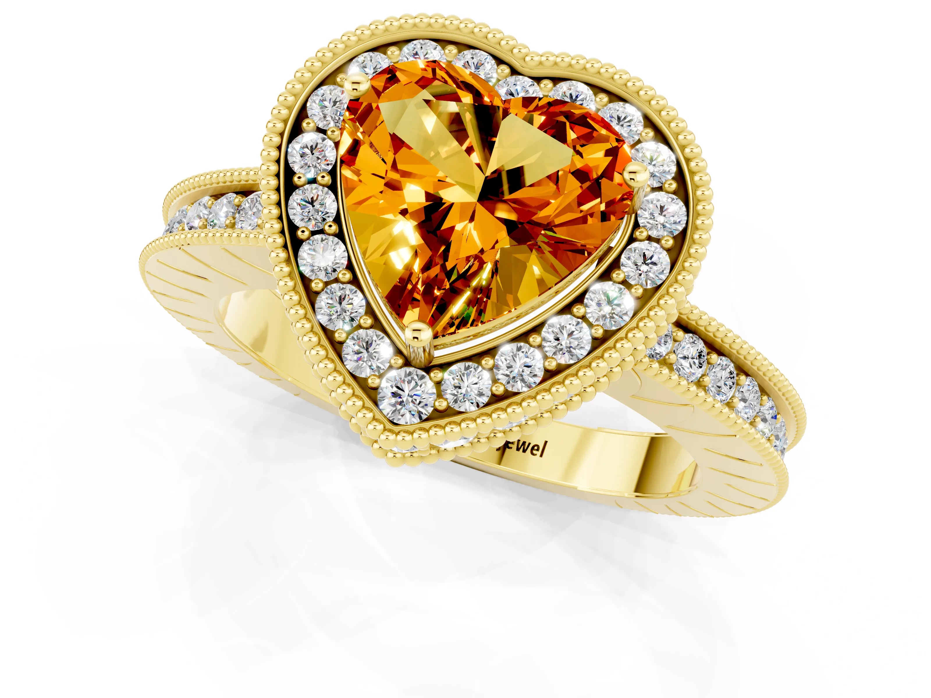 Yellow gold Heart Cut Halo Diamond Engagement Ring with Milgrain Pave Band and Four-Prong Setting_1