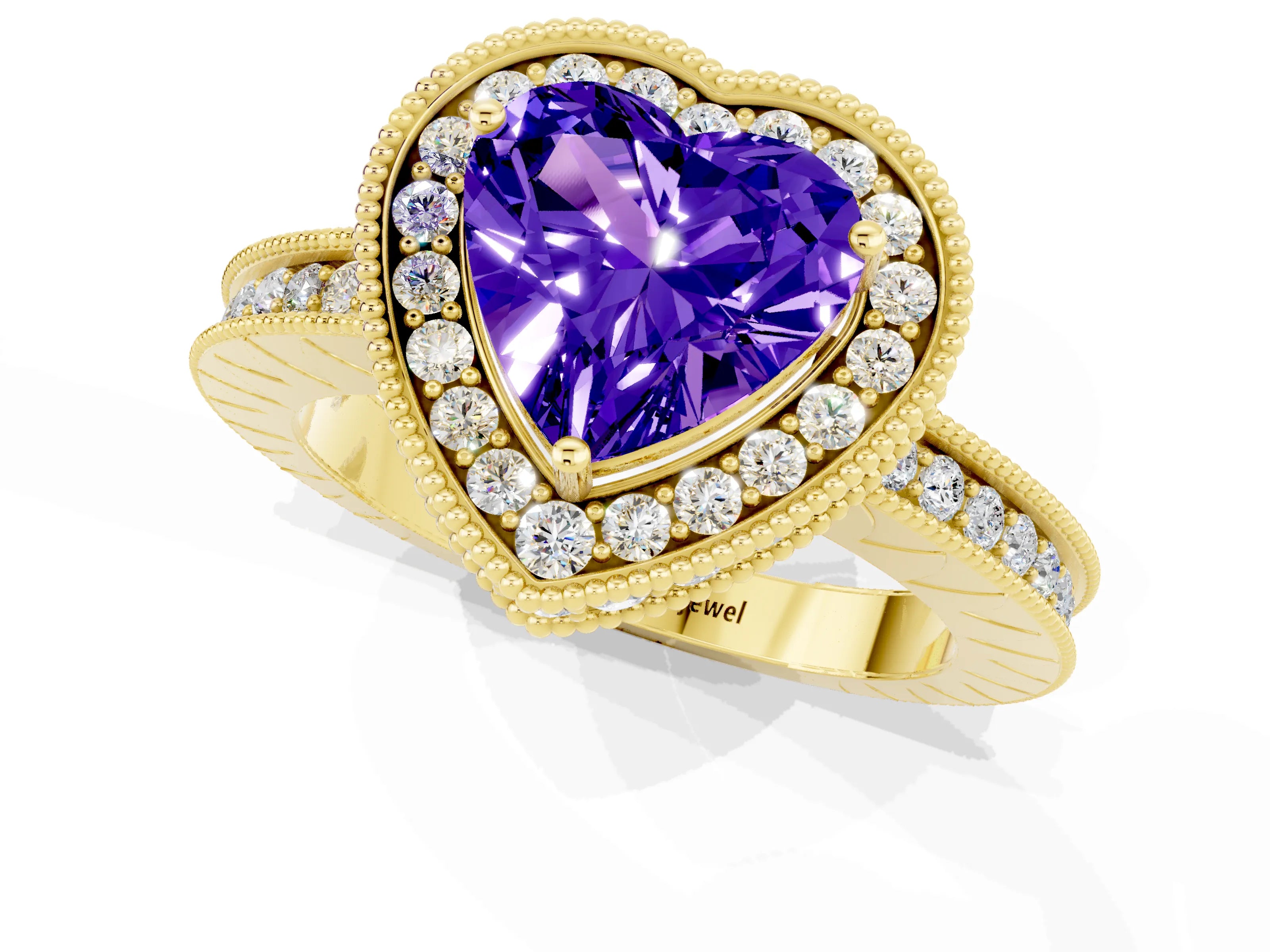 Yellow gold Heart Cut Halo Diamond Engagement Ring with Milgrain Pave Band and Four-Prong Setting_1
