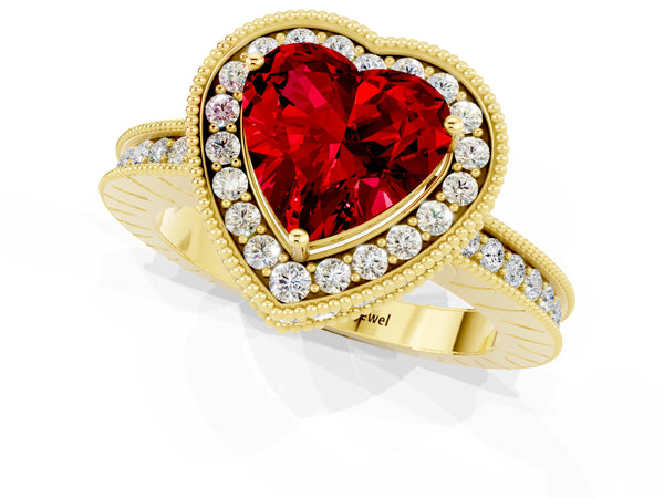 Yellow gold Heart Cut Halo Diamond Engagement Ring with Milgrain Pave Band and Four-Prong Setting