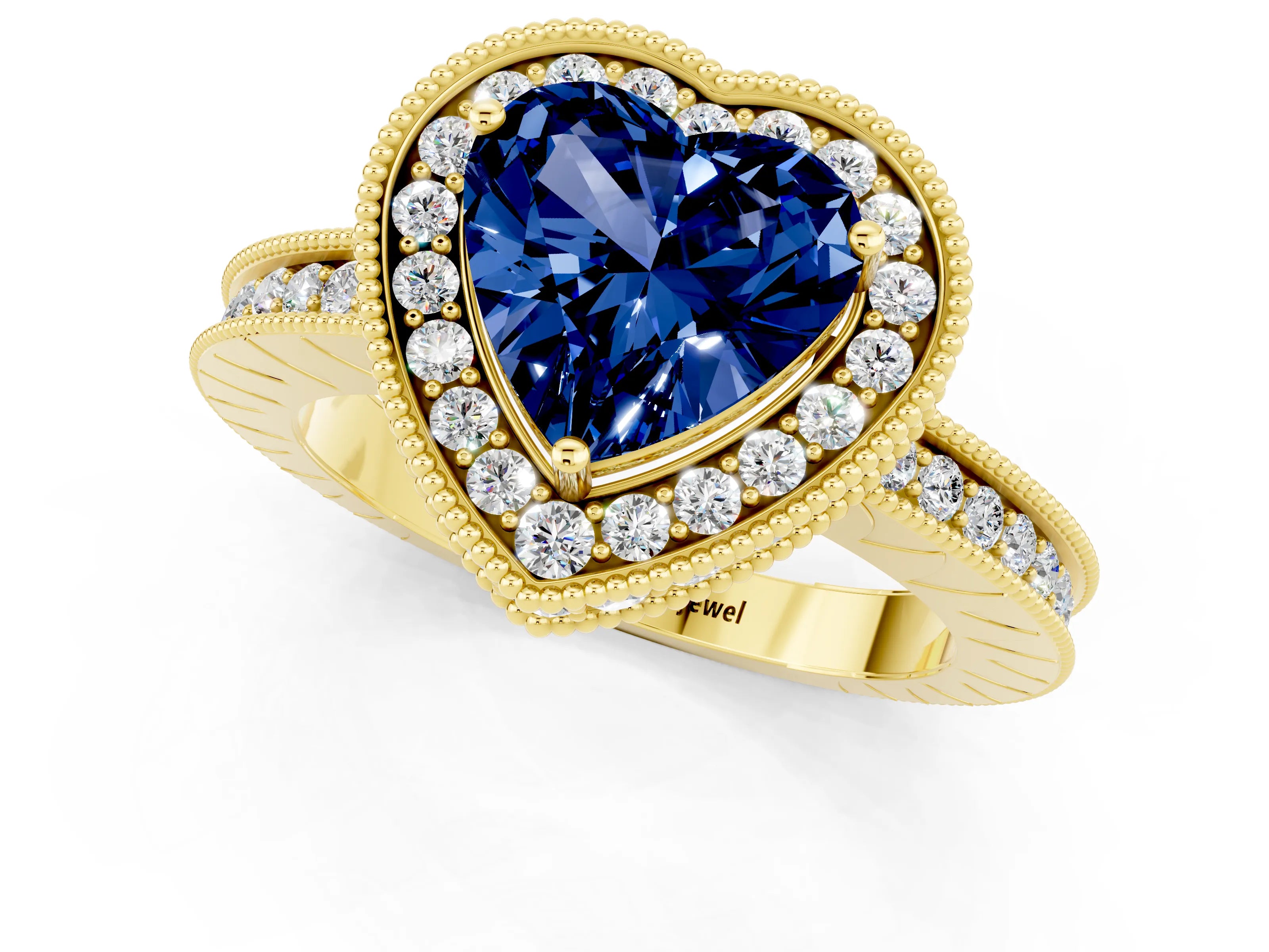 Yellow gold Heart Cut Halo Diamond Engagement Ring with Milgrain Pave Band and Four-Prong Setting_1