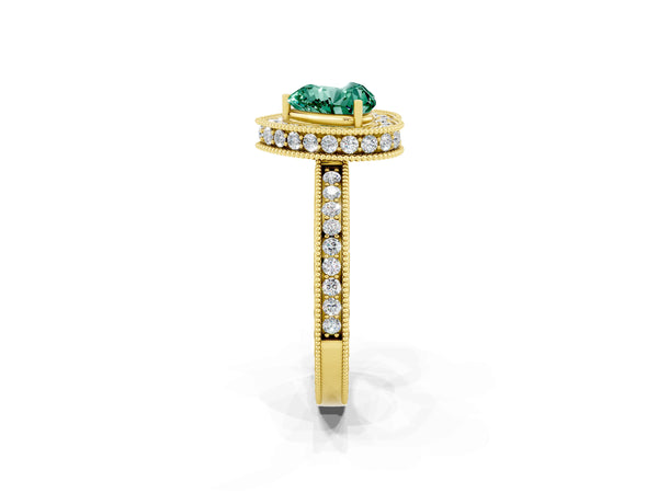 Yellow gold Heart Cut Halo Diamond Engagement Ring with Milgrain Pave Band and Four-Prong Setting