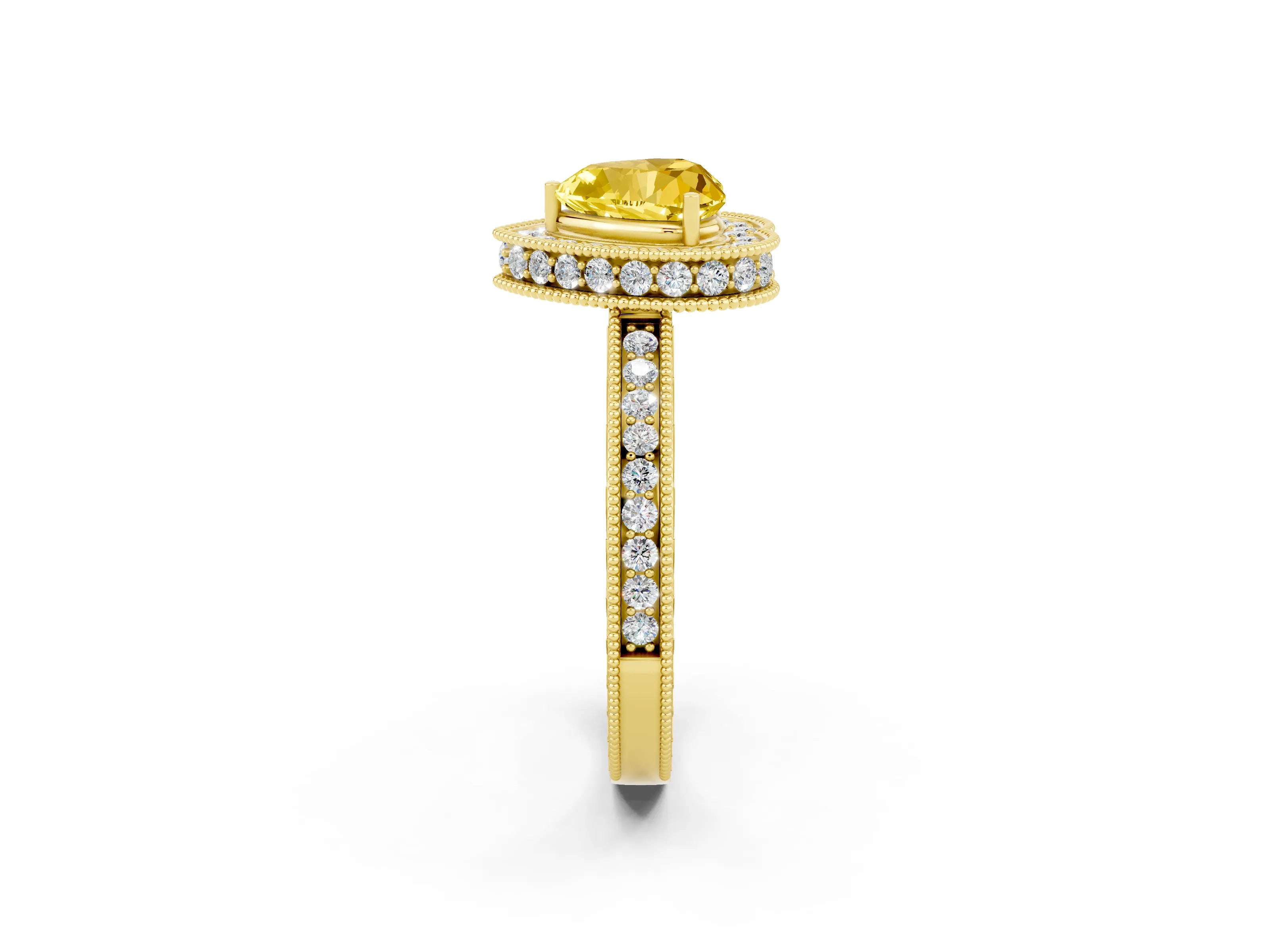 Yellow gold Heart Cut Halo Diamond Engagement Ring with Milgrain Pave Band and Four-Prong Setting_2