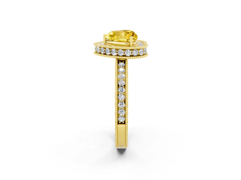 Yellow gold Heart Cut Halo Diamond Engagement Ring with Milgrain Pave Band and Four-Prong Setting_2