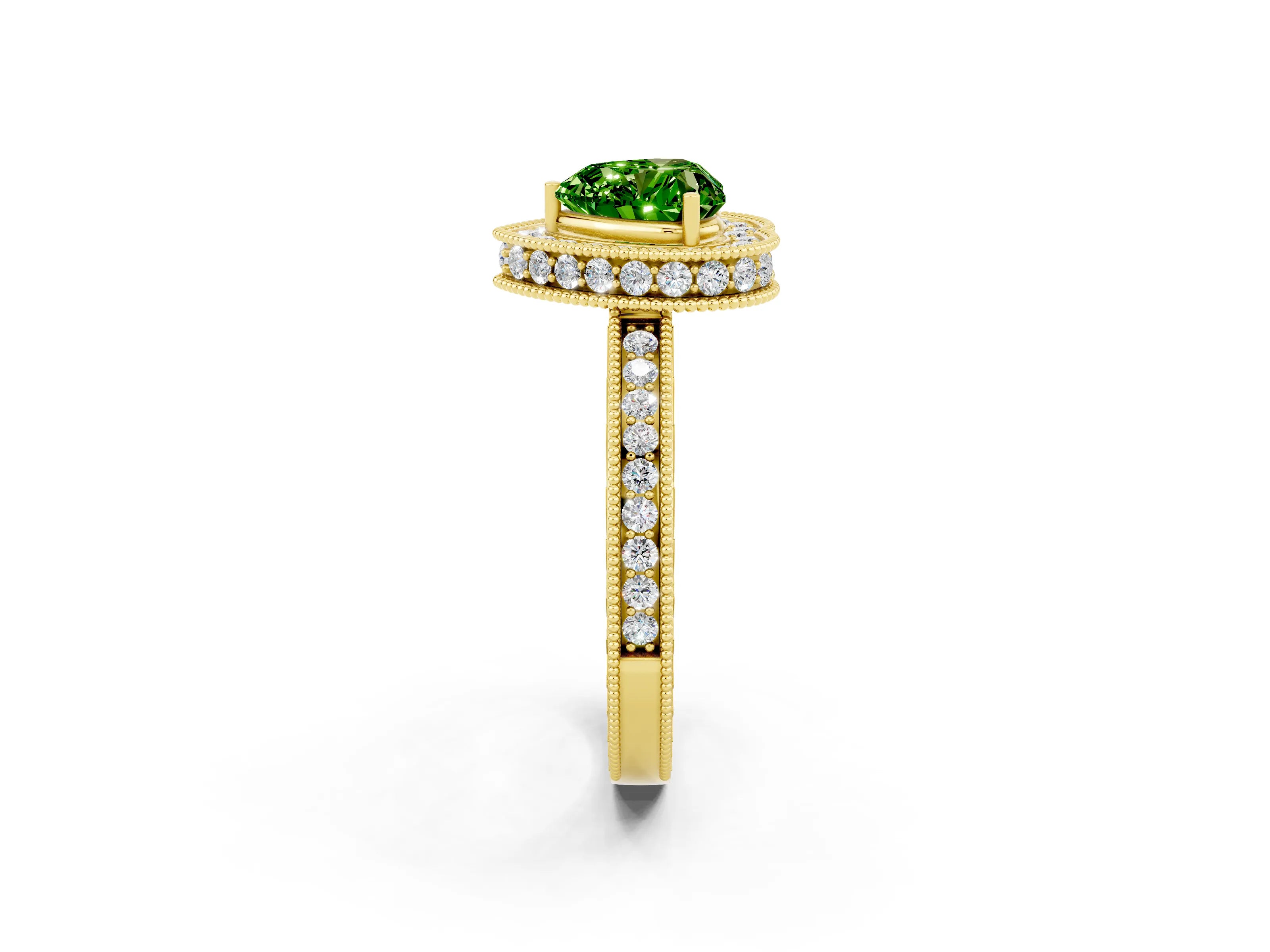 Yellow gold Heart Cut Halo Diamond Engagement Ring with Milgrain Pave Band and Four-Prong Setting_2