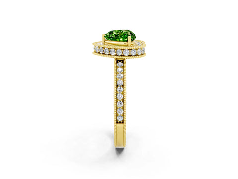 Yellow gold Heart Cut Halo Diamond Engagement Ring with Milgrain Pave Band and Four-Prong Setting_2