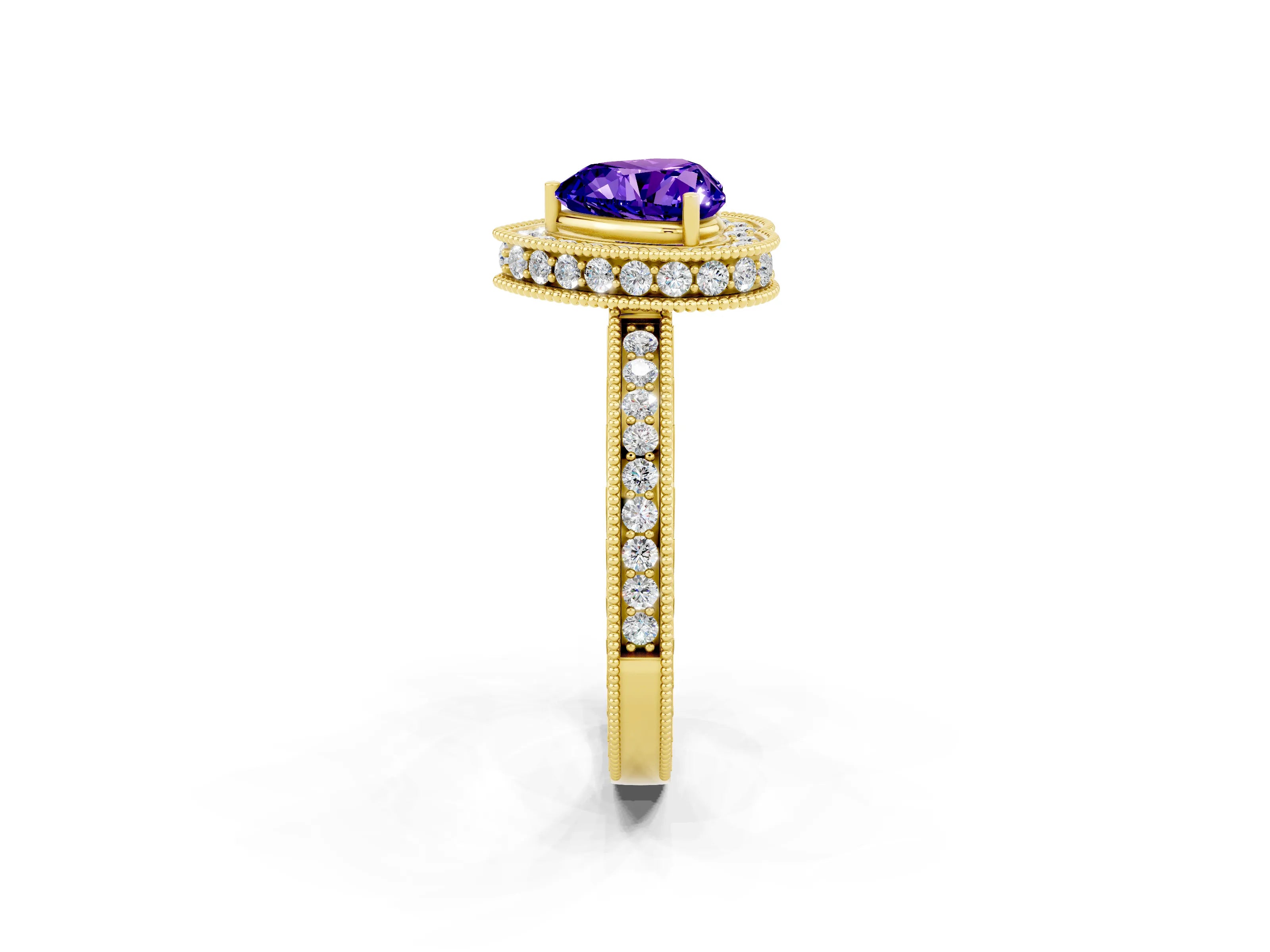 Yellow gold Heart Cut Halo Diamond Engagement Ring with Milgrain Pave Band and Four-Prong Setting_2