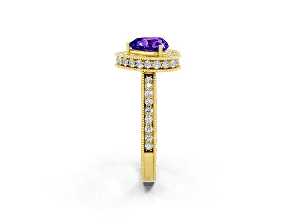 Yellow gold Heart Cut Halo Diamond Engagement Ring with Milgrain Pave Band and Four-Prong Setting