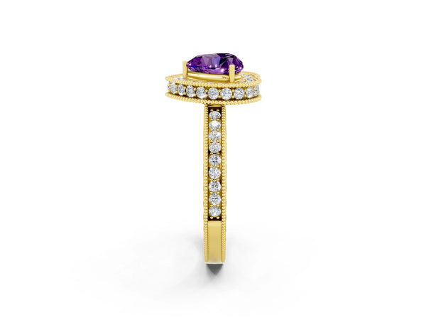 Yellow gold Heart Cut Amethyst Milgrain Halo Engagement Ring with Round Pavé Band and Prong Setting