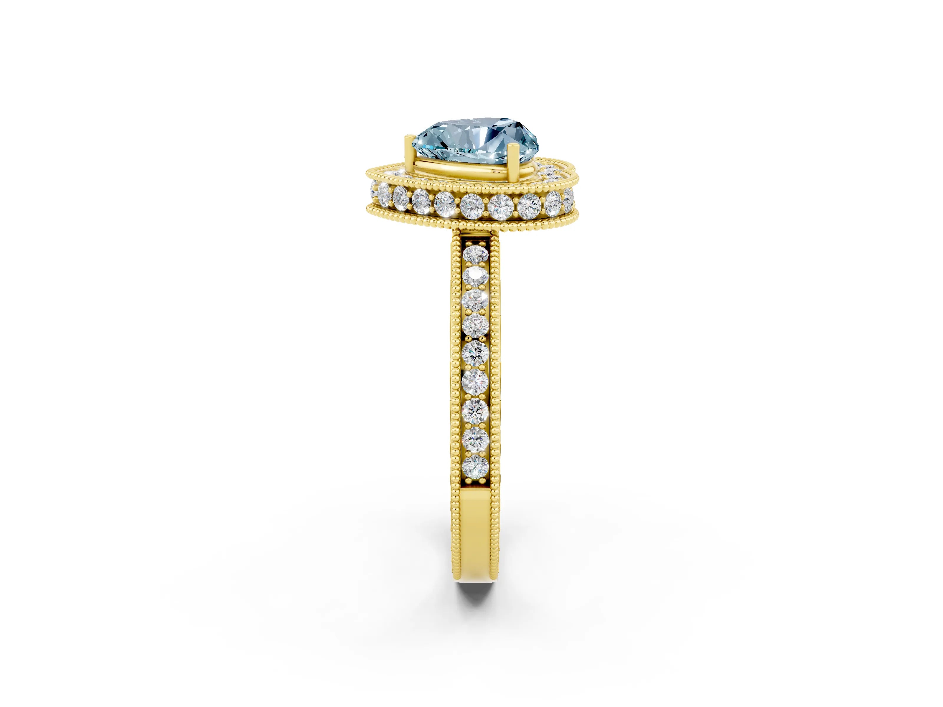 Yellow gold Heart Cut Halo Diamond Engagement Ring with Milgrain Pave Band and Four-Prong Setting_2