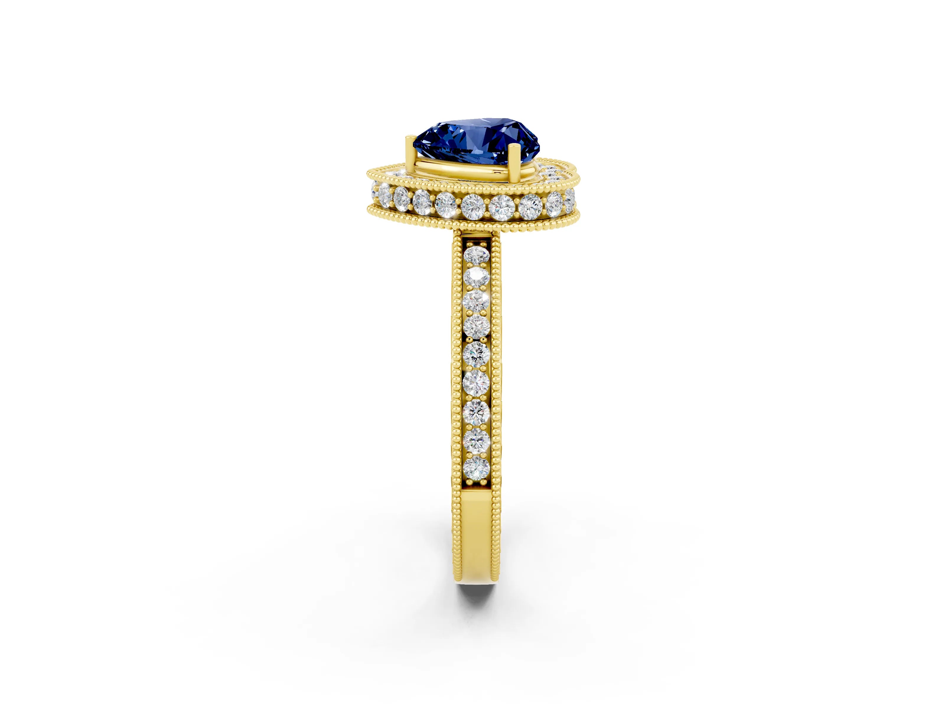 Yellow gold Heart Cut Halo Diamond Engagement Ring with Milgrain Pave Band and Four-Prong Setting_2