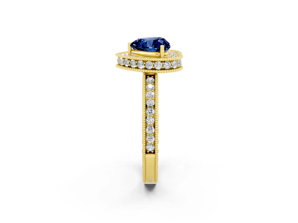 Yellow gold Heart Cut Halo Diamond Engagement Ring with Milgrain Pave Band and Four-Prong Setting