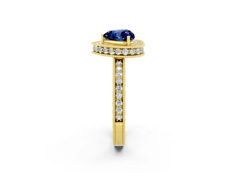 Yellow gold Heart Cut Halo Diamond Engagement Ring with Milgrain Pave Band and Four-Prong Setting_2