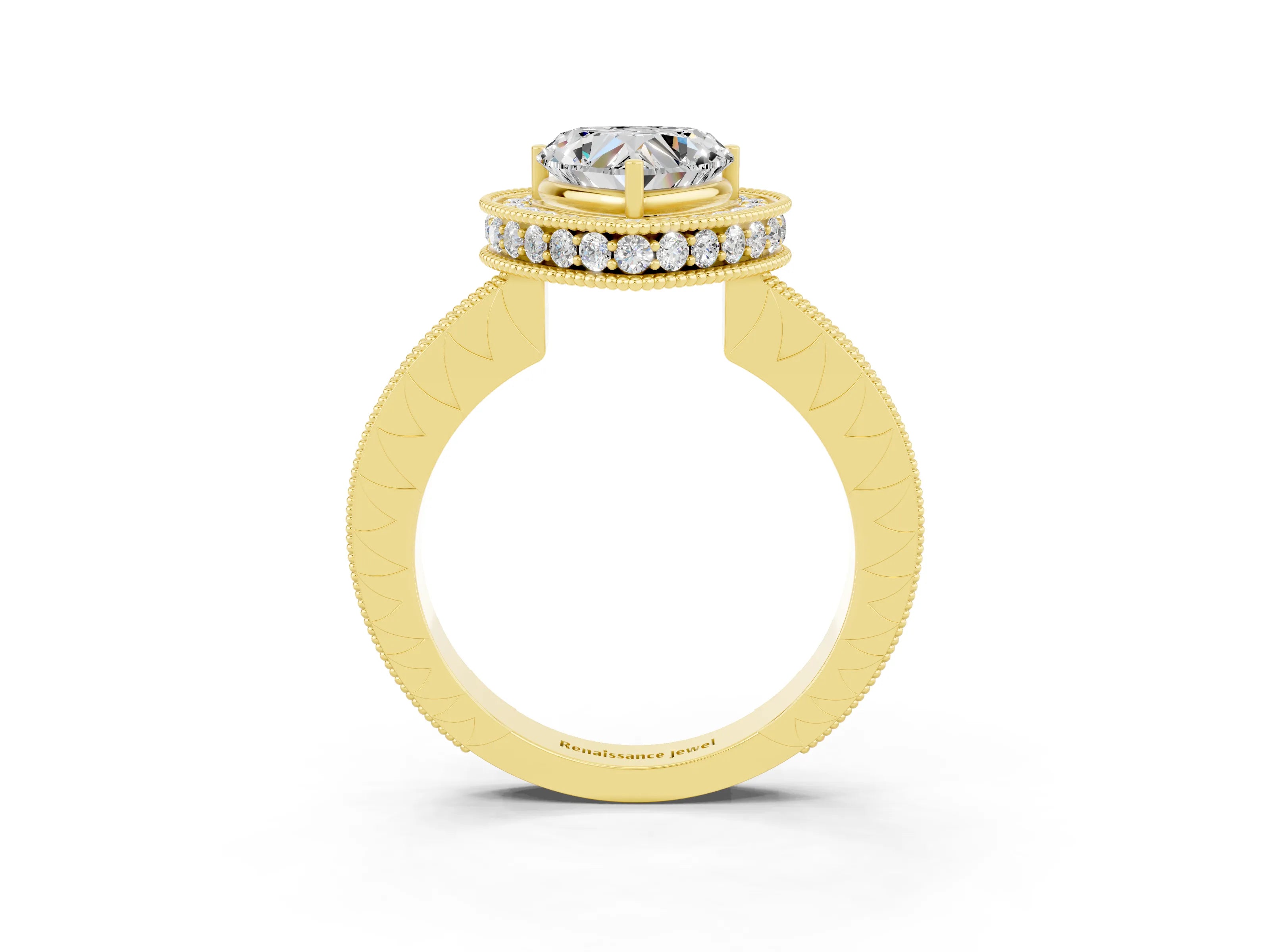 Yellow gold Heart Cut Halo Diamond Engagement Ring with Milgrain Pave Band and Four-Prong Setting_3