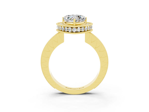 Yellow gold Heart Cut Halo Diamond Engagement Ring with Milgrain Pave Band and Four-Prong Setting