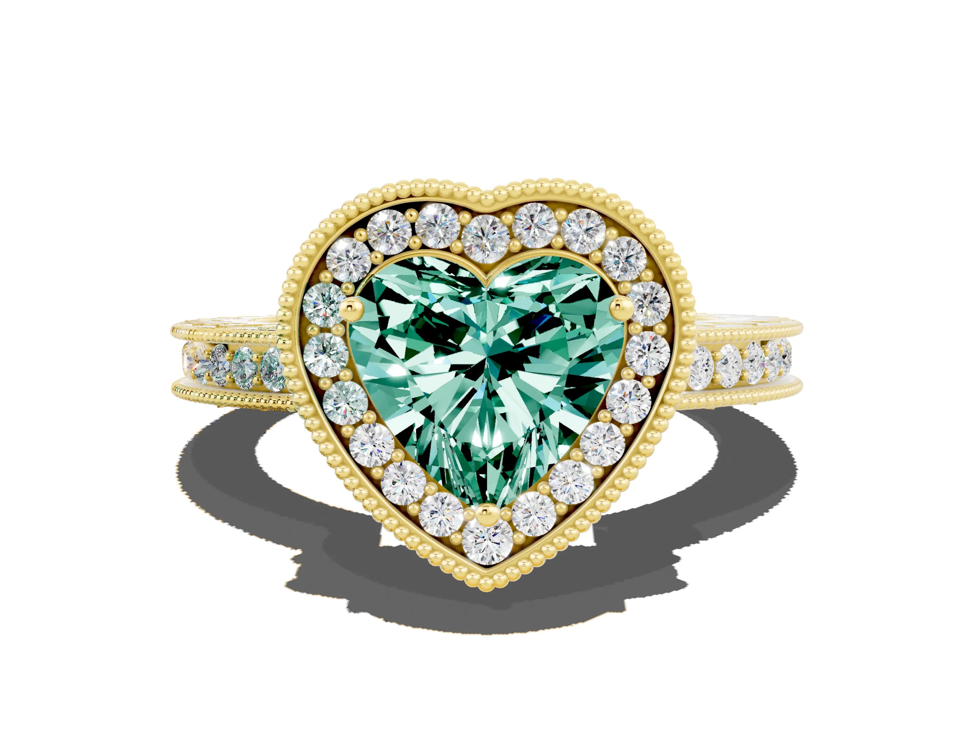 Yellow gold Heart Cut Halo Diamond Engagement Ring with Milgrain Pave Band and Four-Prong Setting