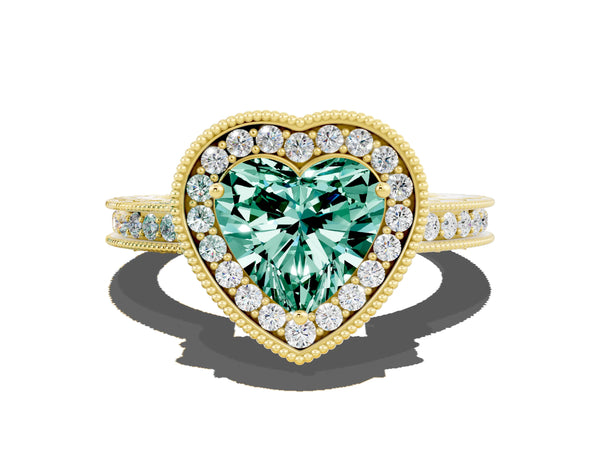 Yellow gold Heart Cut Halo Diamond Engagement Ring with Milgrain Pave Band and Four-Prong Setting