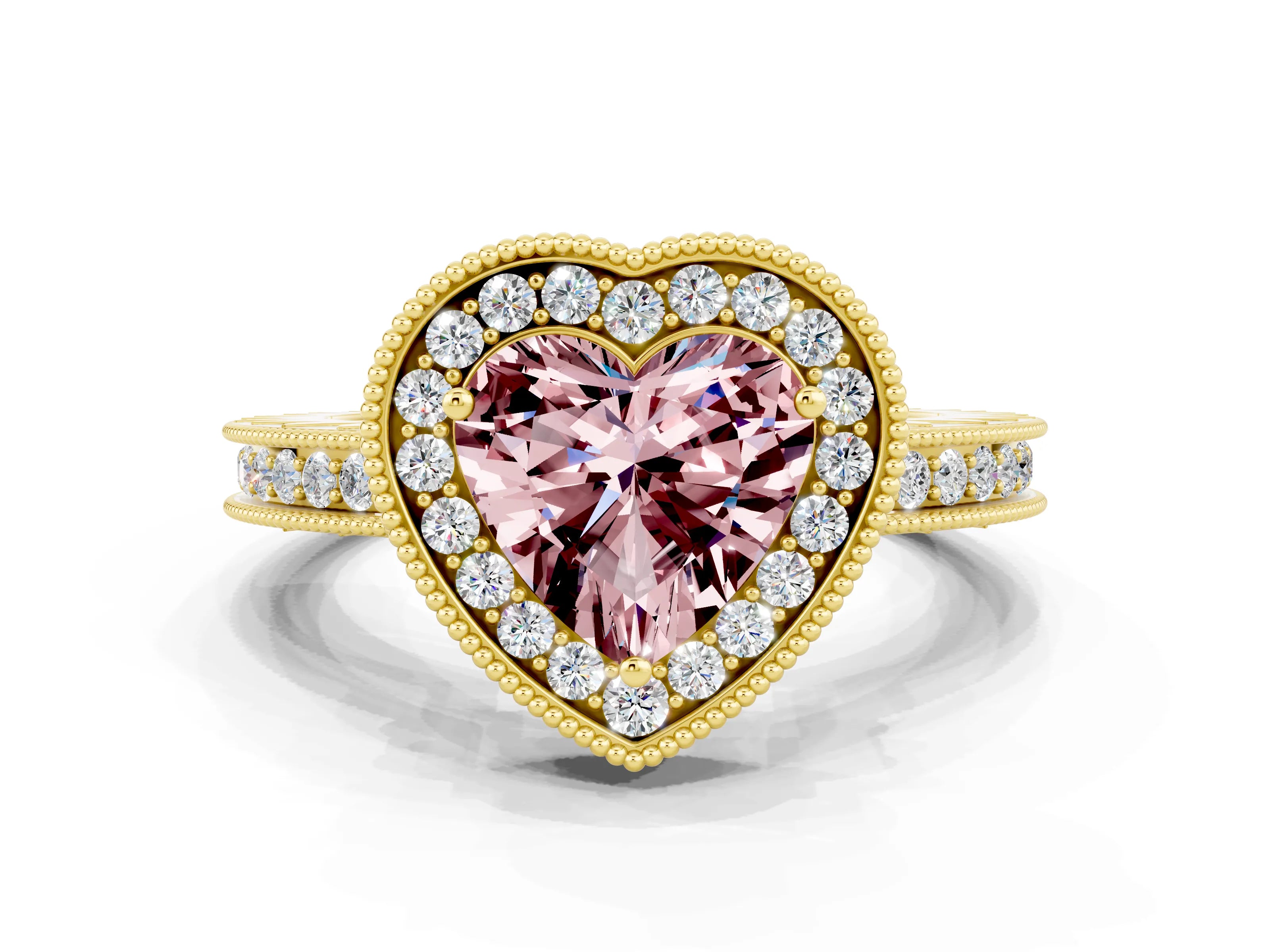 Yellow gold Heart Cut Halo Diamond Engagement Ring with Milgrain Pave Band and Four-Prong Setting