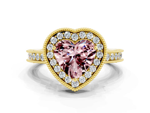 Yellow gold Heart Cut Halo Diamond Engagement Ring with Milgrain Pave Band and Four-Prong Setting
