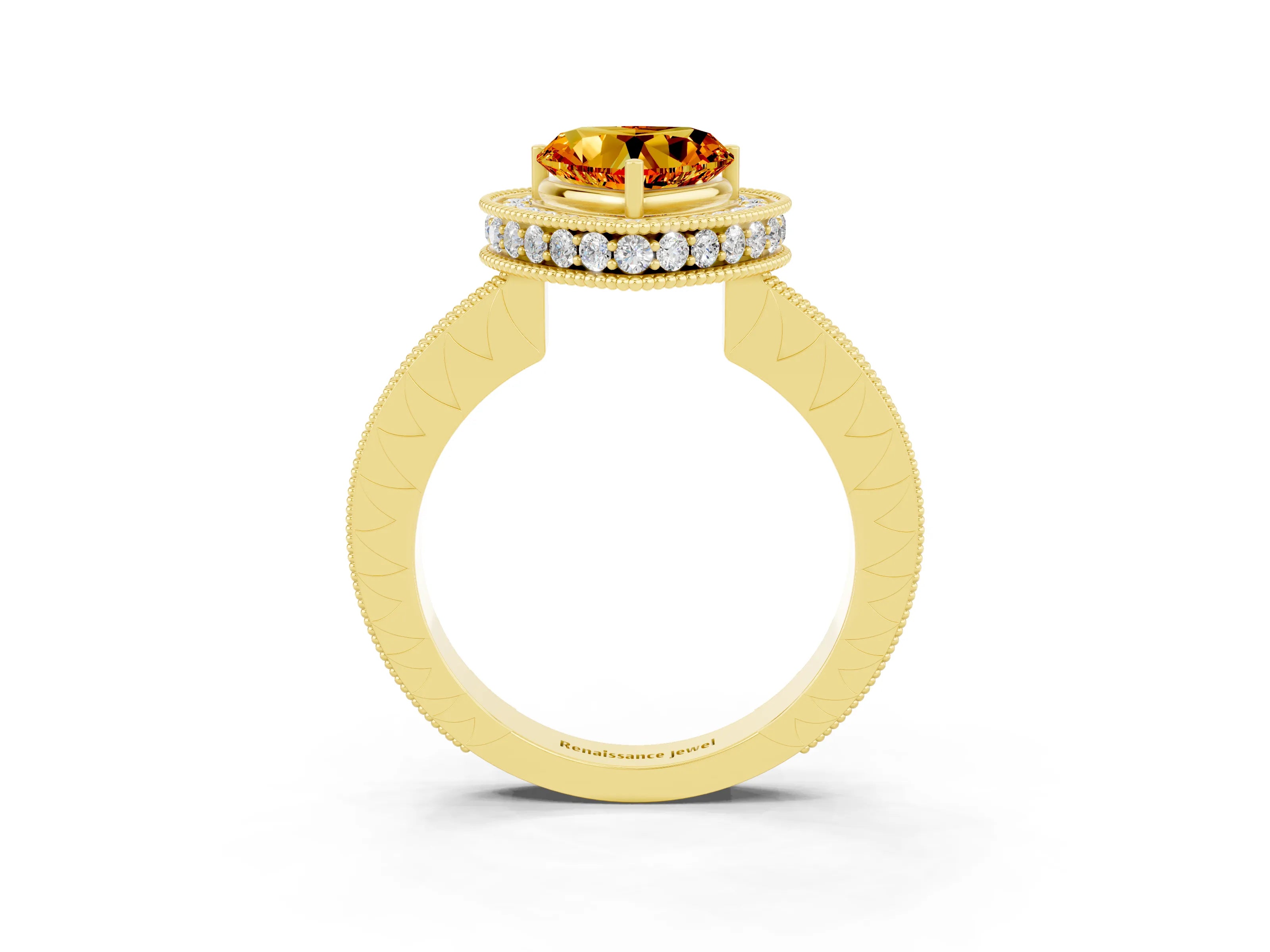 Yellow gold Heart Cut Halo Diamond Engagement Ring with Milgrain Pave Band and Four-Prong Setting_3