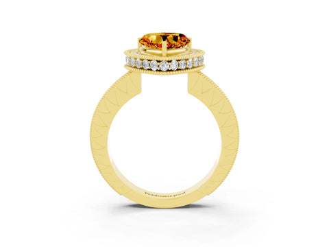 Yellow gold Heart Cut Halo Diamond Engagement Ring with Milgrain Pave Band and Four-Prong Setting_3