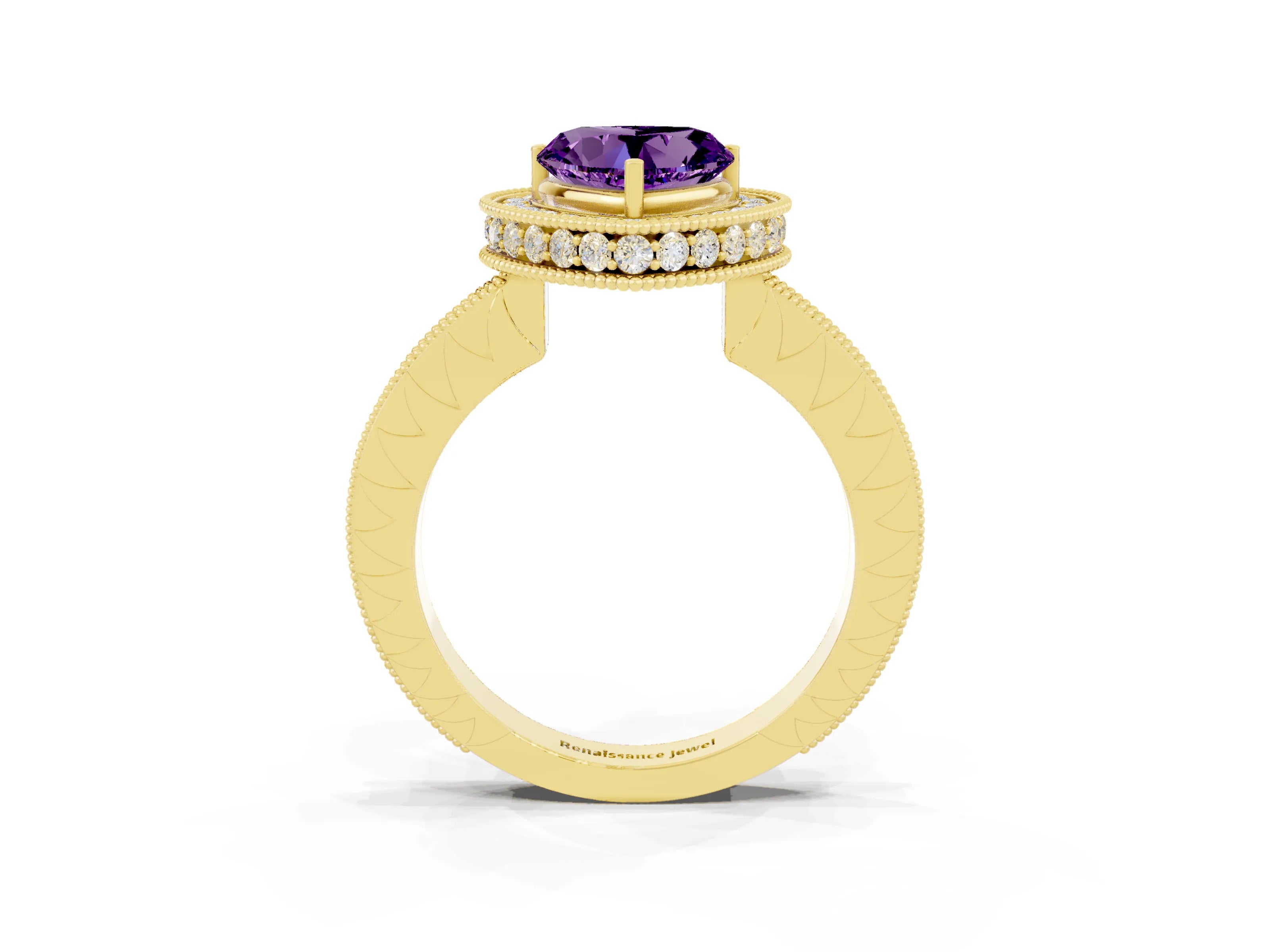 Yellow gold Heart Cut Halo Diamond Engagement Ring with Milgrain Pave Band and Four-Prong Setting_3