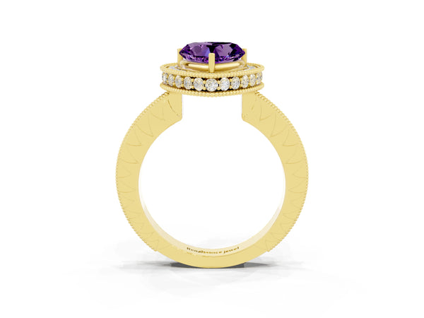 Yellow gold Heart Cut Amethyst Milgrain Halo Engagement Ring with Round Pavé Band and Prong Setting