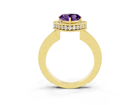 Yellow gold Heart Cut Halo Diamond Engagement Ring with Milgrain Pave Band and Four-Prong Setting_3