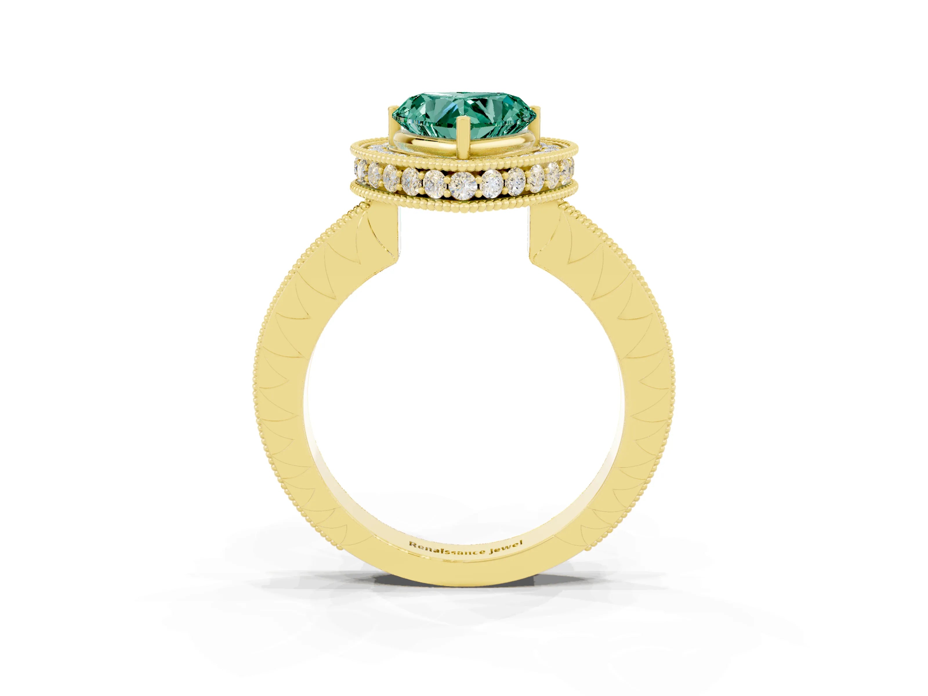 Yellow gold Heart Cut Halo Diamond Engagement Ring with Milgrain Pave Band and Four-Prong Setting_3