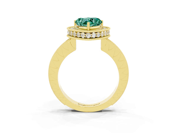 Yellow gold Heart Cut Halo Diamond Engagement Ring with Milgrain Pave Band and Four-Prong Setting