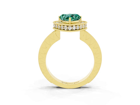 Yellow gold Heart Cut Halo Diamond Engagement Ring with Milgrain Pave Band and Four-Prong Setting_3