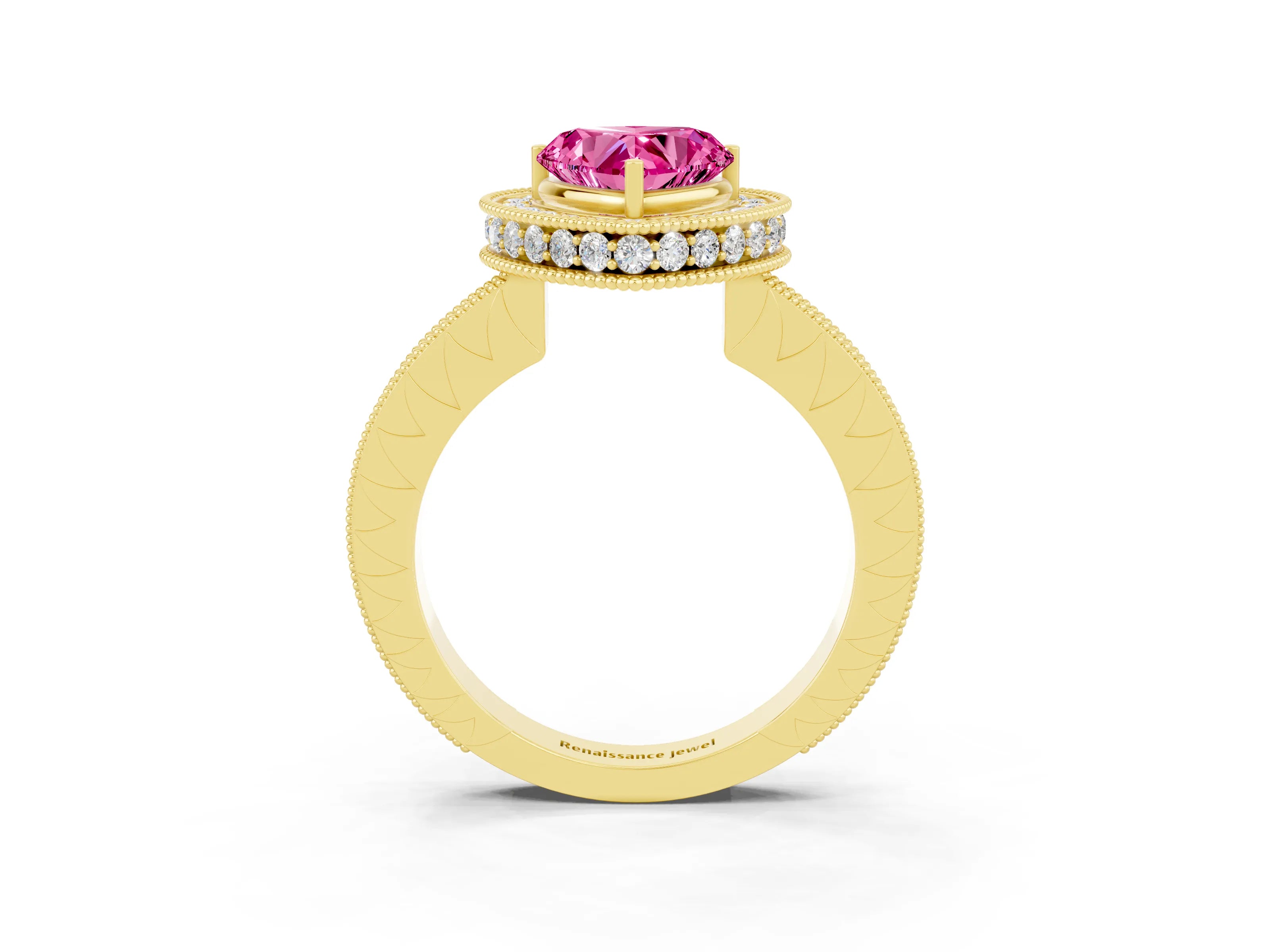Yellow gold Heart Cut Halo Diamond Engagement Ring with Milgrain Pave Band and Four-Prong Setting_3