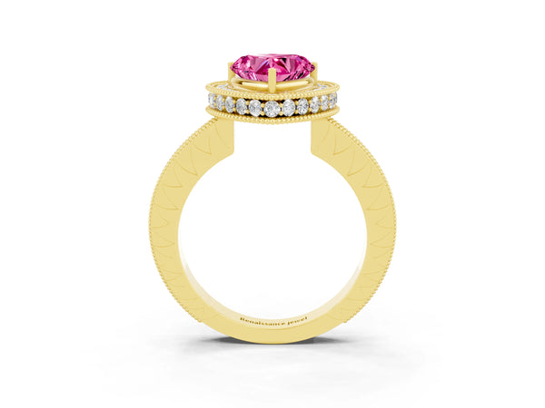 Yellow gold Heart Cut Halo Diamond Engagement Ring with Milgrain Pave Band and Four-Prong Setting