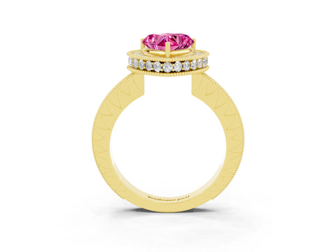 Yellow gold Heart Cut Halo Diamond Engagement Ring with Milgrain Pave Band and Four-Prong Setting_3