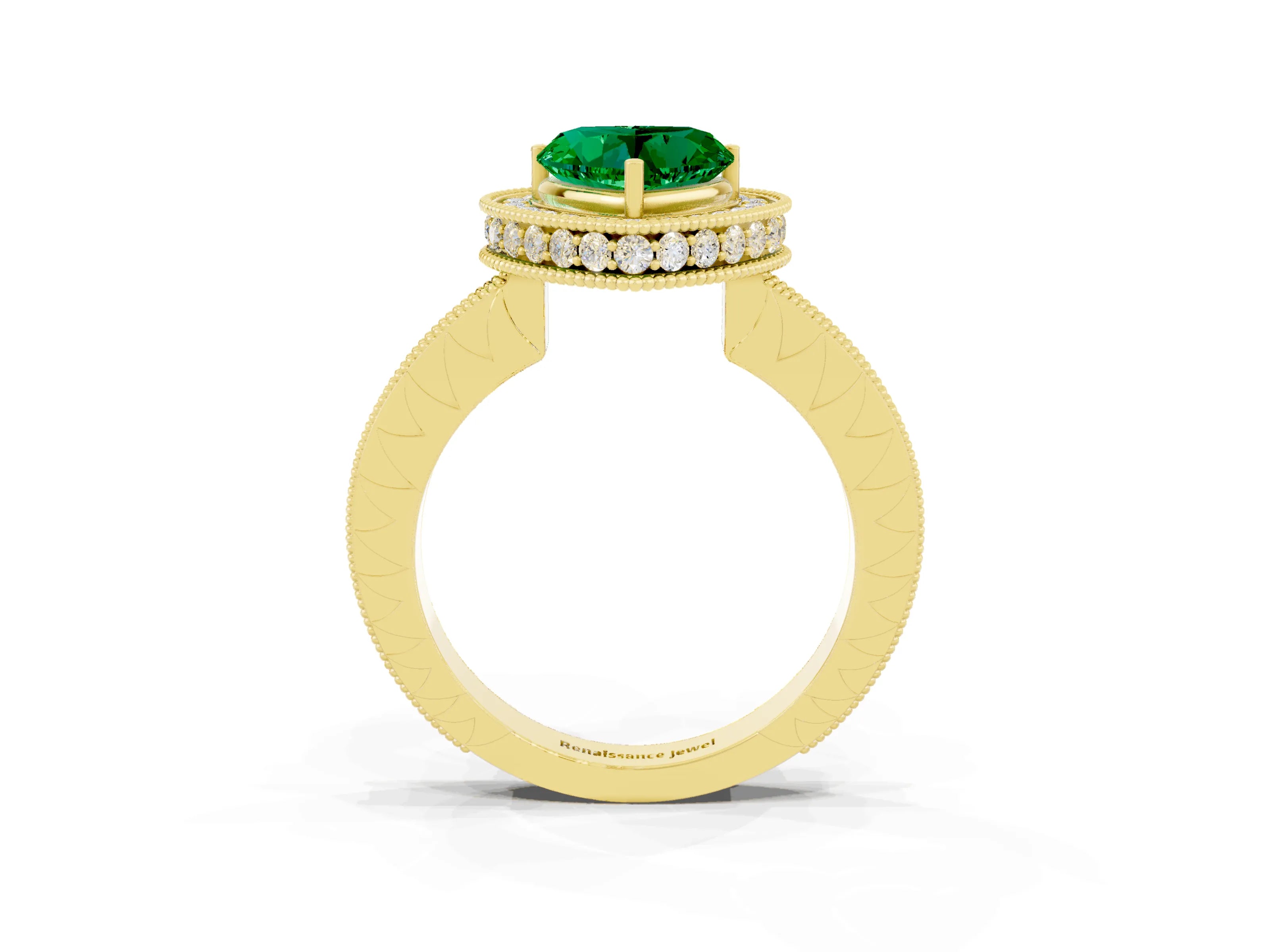 Yellow gold Heart Cut Halo Diamond Engagement Ring with Milgrain Pave Band and Four-Prong Setting_3