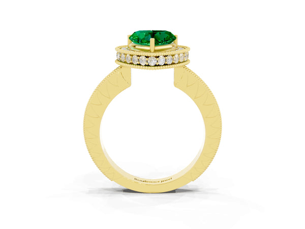 Yellow gold Heart Cut Halo Diamond Engagement Ring with Milgrain Pave Band and Four-Prong Setting