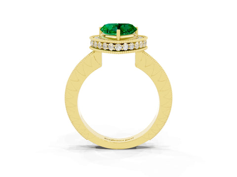 Yellow gold Heart Cut Halo Diamond Engagement Ring with Milgrain Pave Band and Four-Prong Setting_3