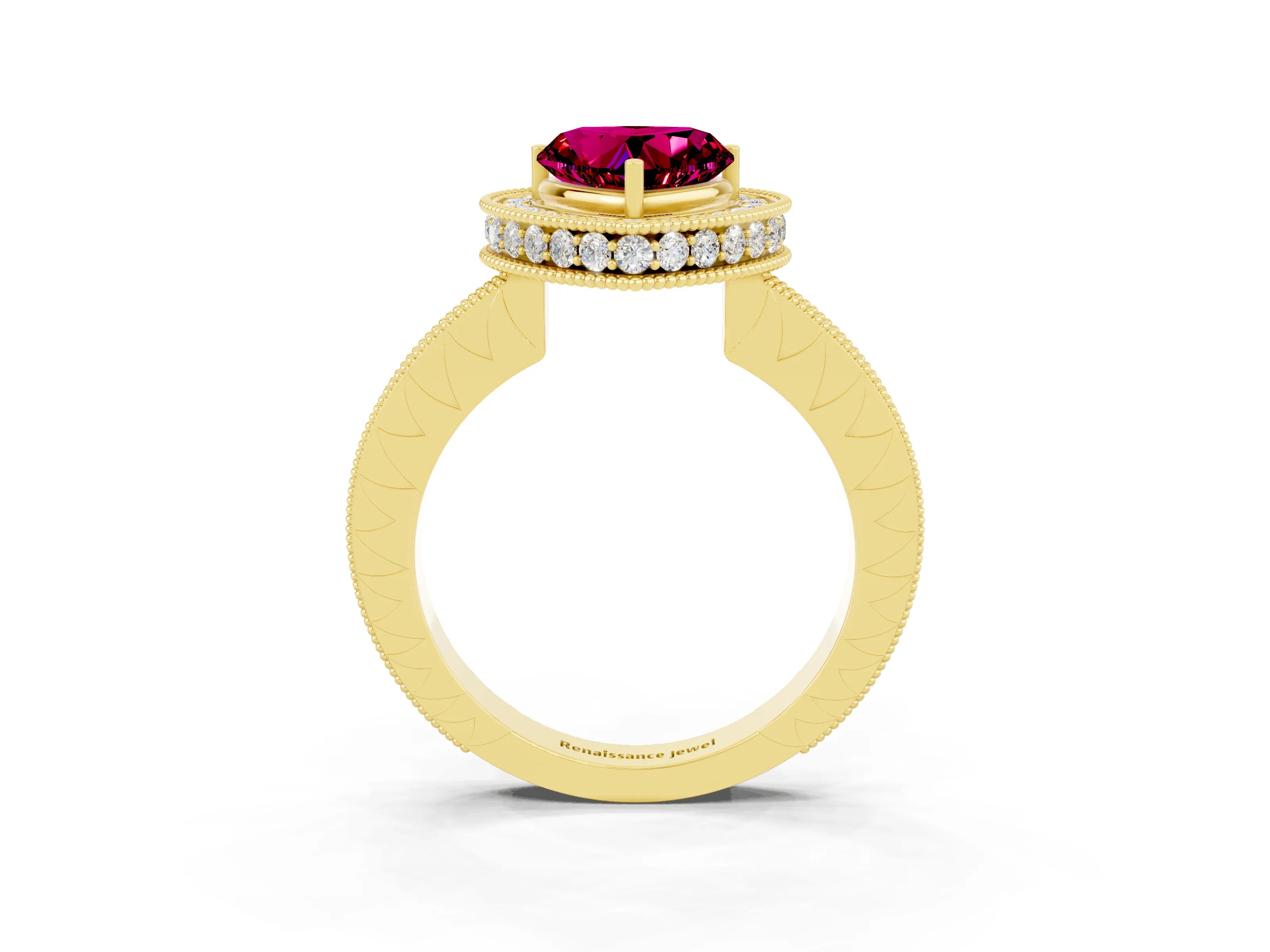 Yellow gold Heart Cut Halo Diamond Engagement Ring with Milgrain Pave Band and Four-Prong Setting_3