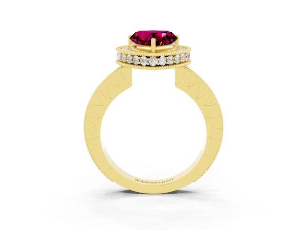 Yellow gold Heart Cut Halo Diamond Engagement Ring with Milgrain Pave Band and Four-Prong Setting