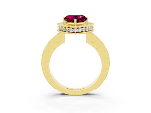 Yellow gold Heart Cut Halo Diamond Engagement Ring with Milgrain Pave Band and Four-Prong Setting_3