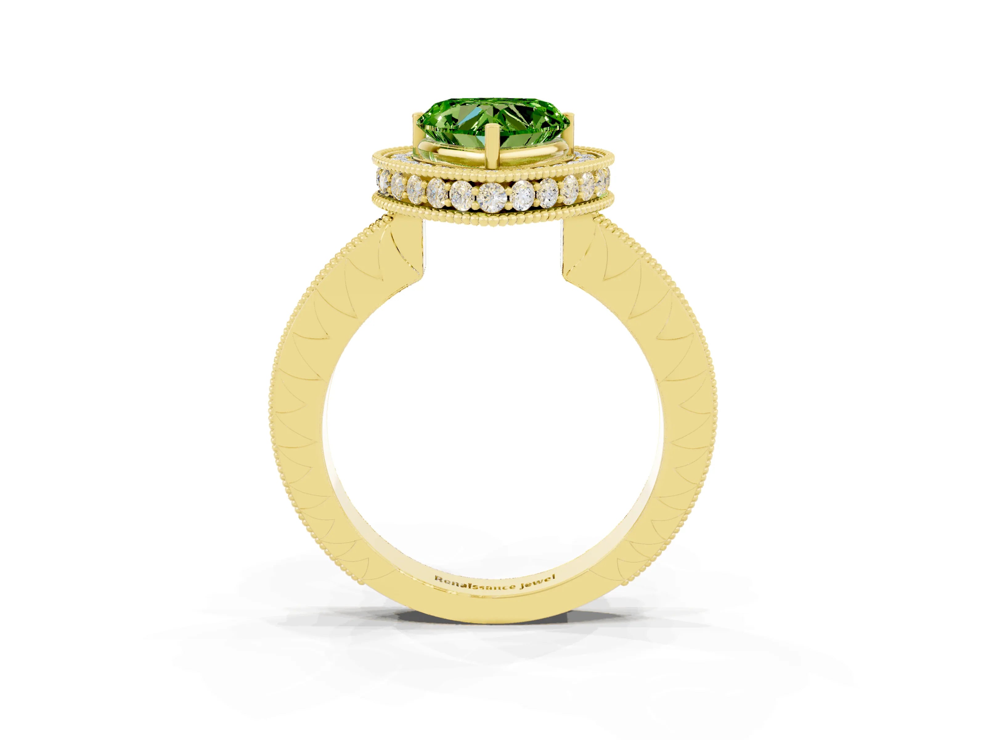 Yellow gold Heart Cut Halo Diamond Engagement Ring with Milgrain Pave Band and Four-Prong Setting_3