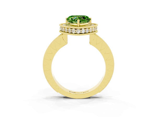 Yellow gold Heart Cut Halo Diamond Engagement Ring with Milgrain Pave Band and Four-Prong Setting