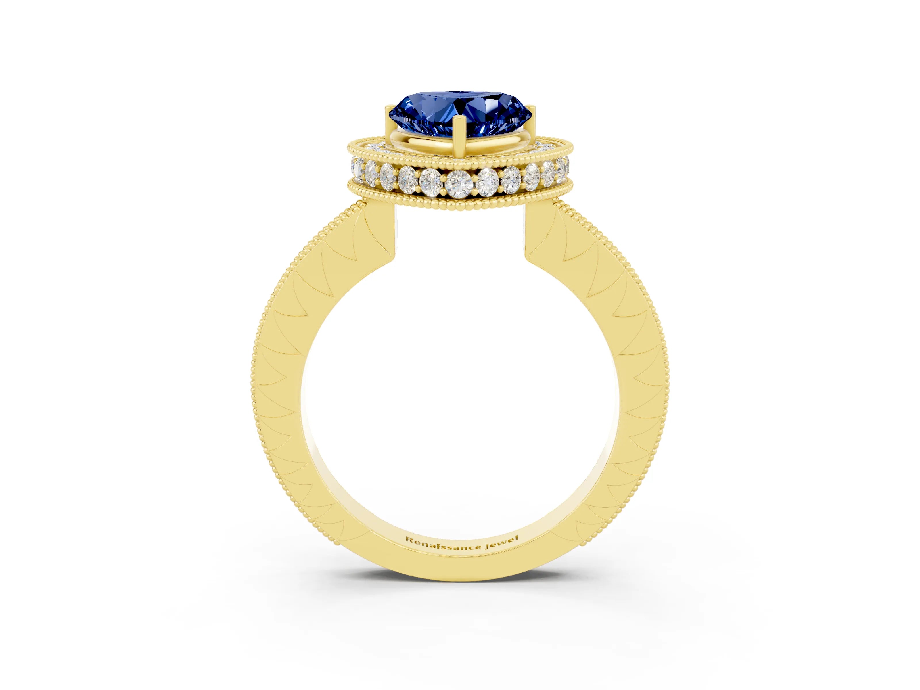 Yellow gold Heart Cut Halo Diamond Engagement Ring with Milgrain Pave Band and Four-Prong Setting_3