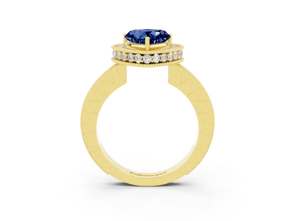Yellow gold Heart Cut Halo Diamond Engagement Ring with Milgrain Pave Band and Four-Prong Setting